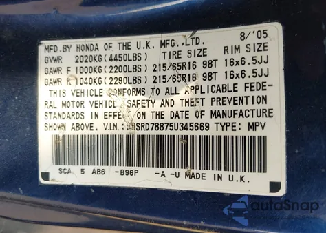 2005 Honda Cr-V Ex from USA, damaged, VIN SHSRD78875U345669